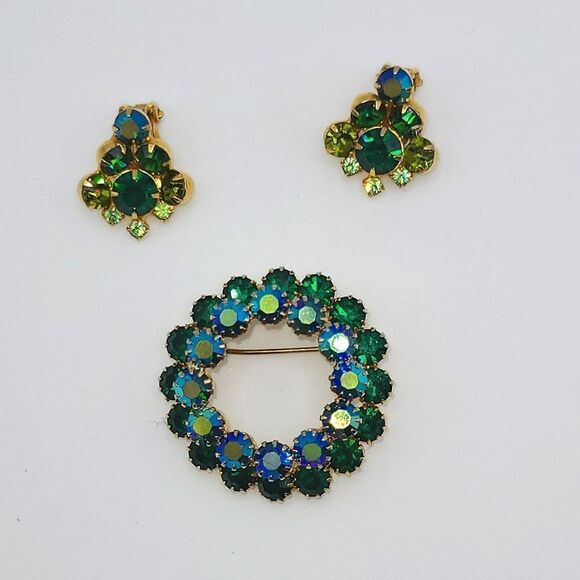 Gorgeous Vintage Austrian Green AB Rhinestone Brooch Pin an Earrings Set, - Picture 5 of 7